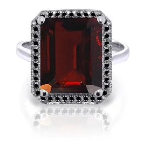 14K Solid White Gold Ring w/ Natural Black Diamonds & Garnet