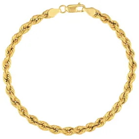 14k Yellow Gold Hollow 6mm Rope Chain Bracelet with Lobster Lock - Light Rope Chain Bracelet with Diamond Cut