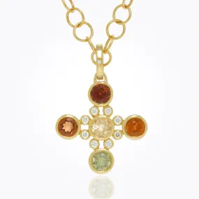 18K Hera Five-Stone Cross with mixed faceted garnet and diamond
