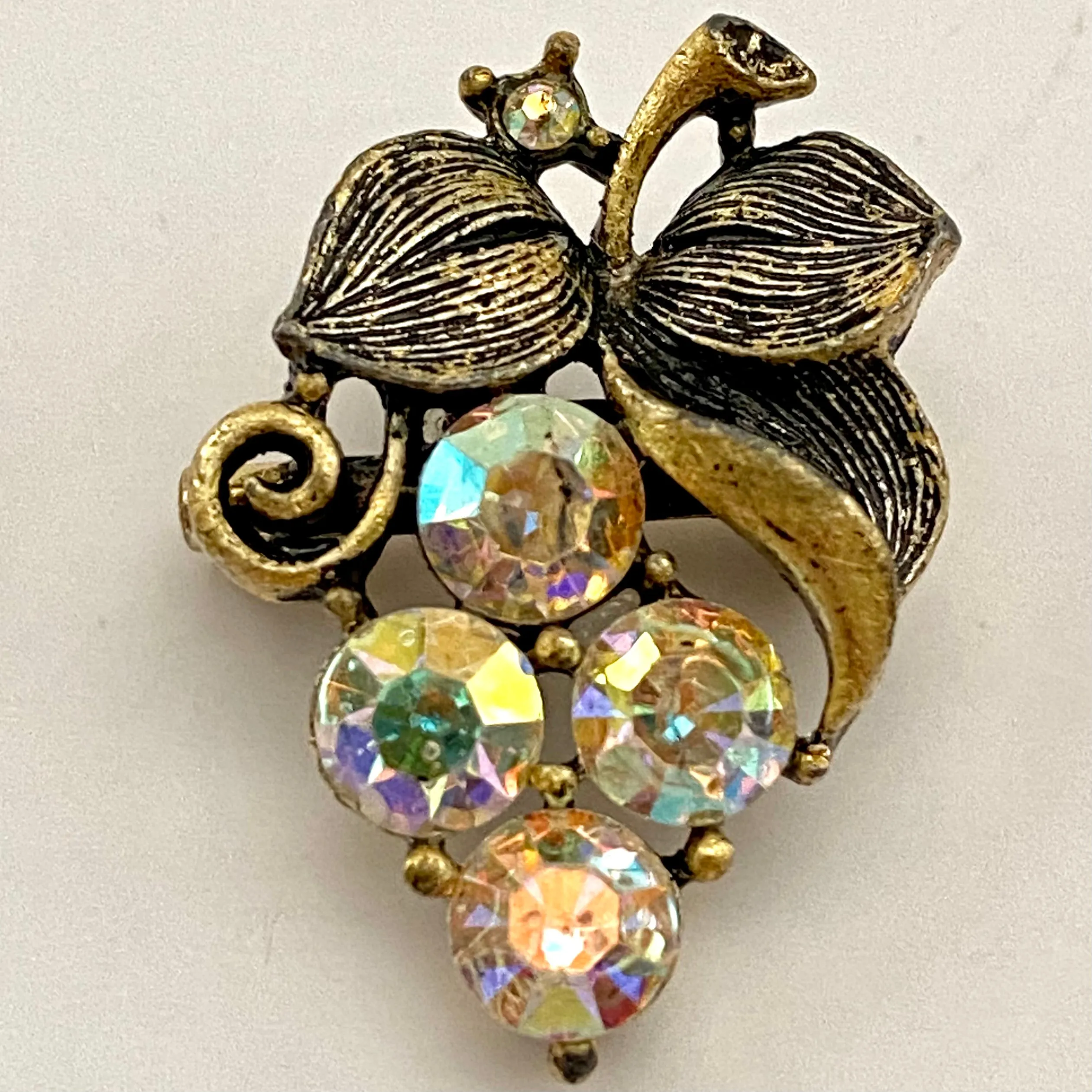 1960s Aurora Borealis Rhinestone Grape Brooch