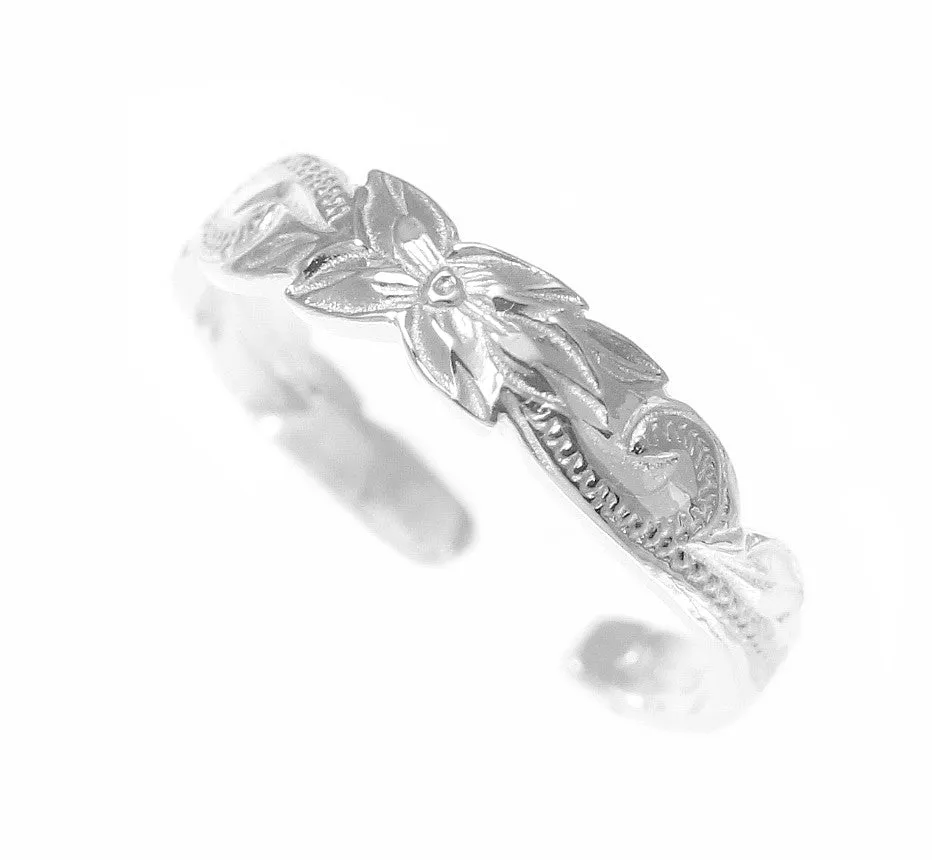 925 Sterling Silver Hawaiian Plumeria Flower Scroll 4mm Cut Out Open Toe Ring