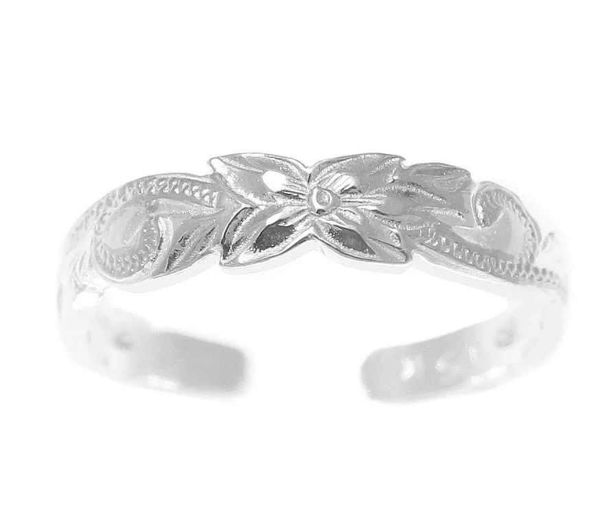 925 Sterling Silver Hawaiian Plumeria Flower Scroll 4mm Cut Out Open Toe Ring
