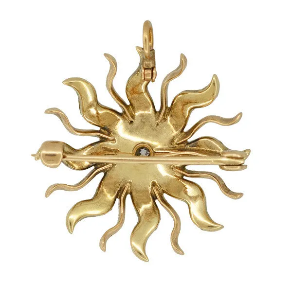 Antique Victorian Diamond and Seed Pearl Sunburst Pendant Brooch in 14 Karat Gold