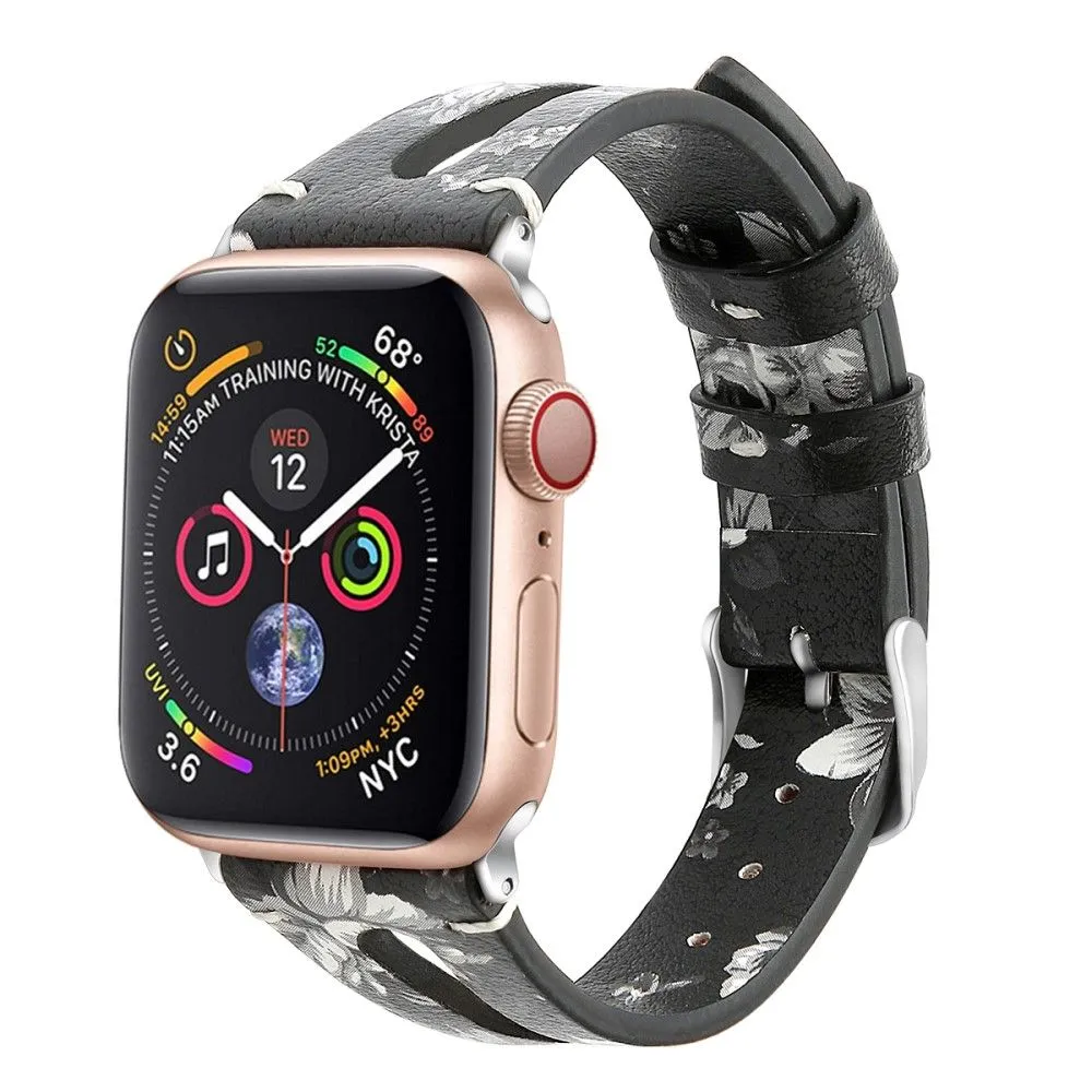 Apple Watch (45mm) top layer cowhide genuine leather watch strap - Grey Flower