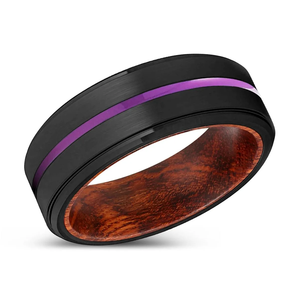 ARMIDALE | Snake Wood, Black Tungsten Ring, Purple Groove, Stepped Edge