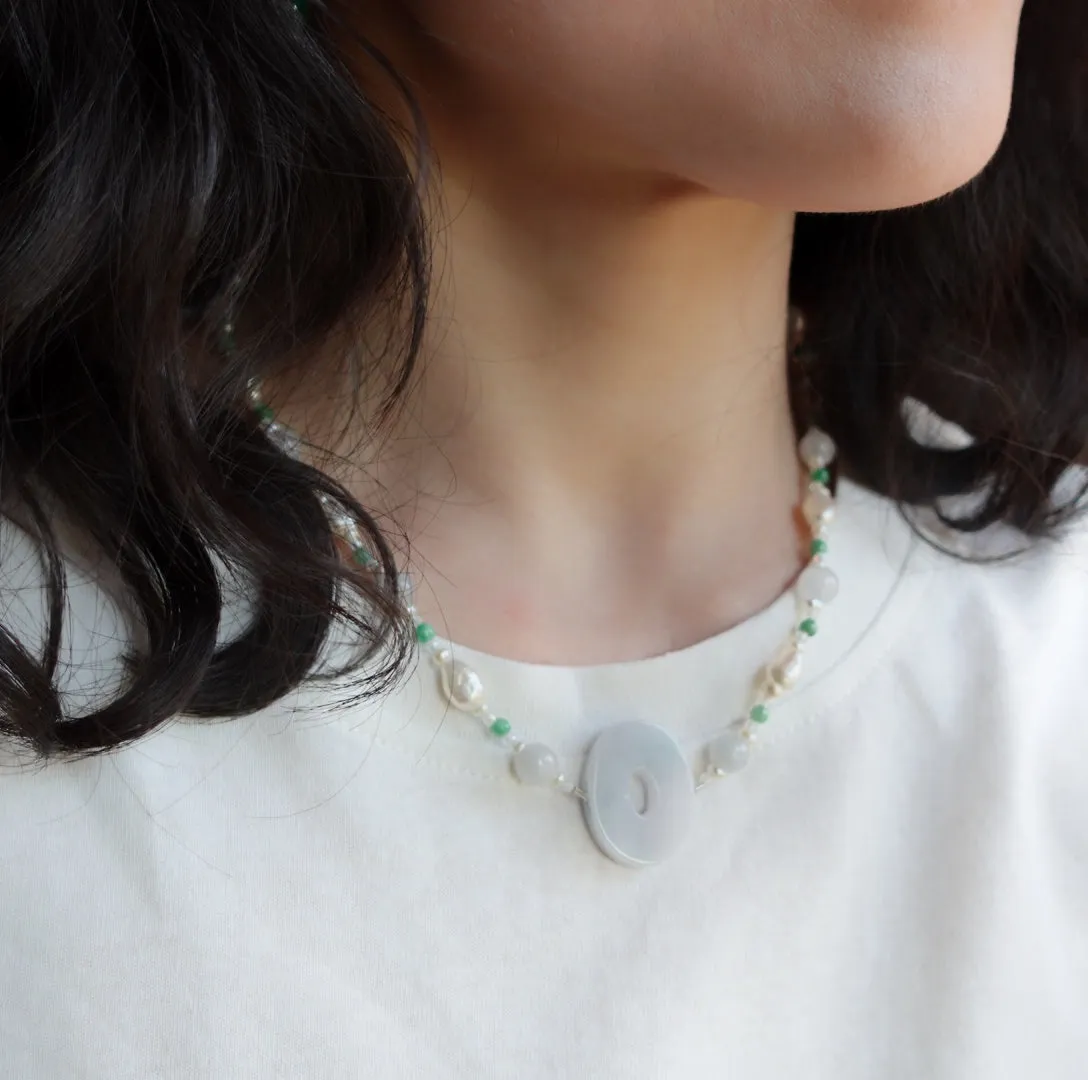 Baroque Pearl and Jadeite Necklace Silver
