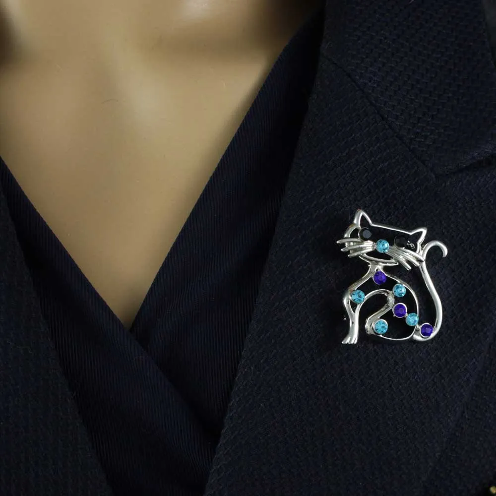 Blue Crystal Cat with Blue Nose Brooch Pin - PRC018A
