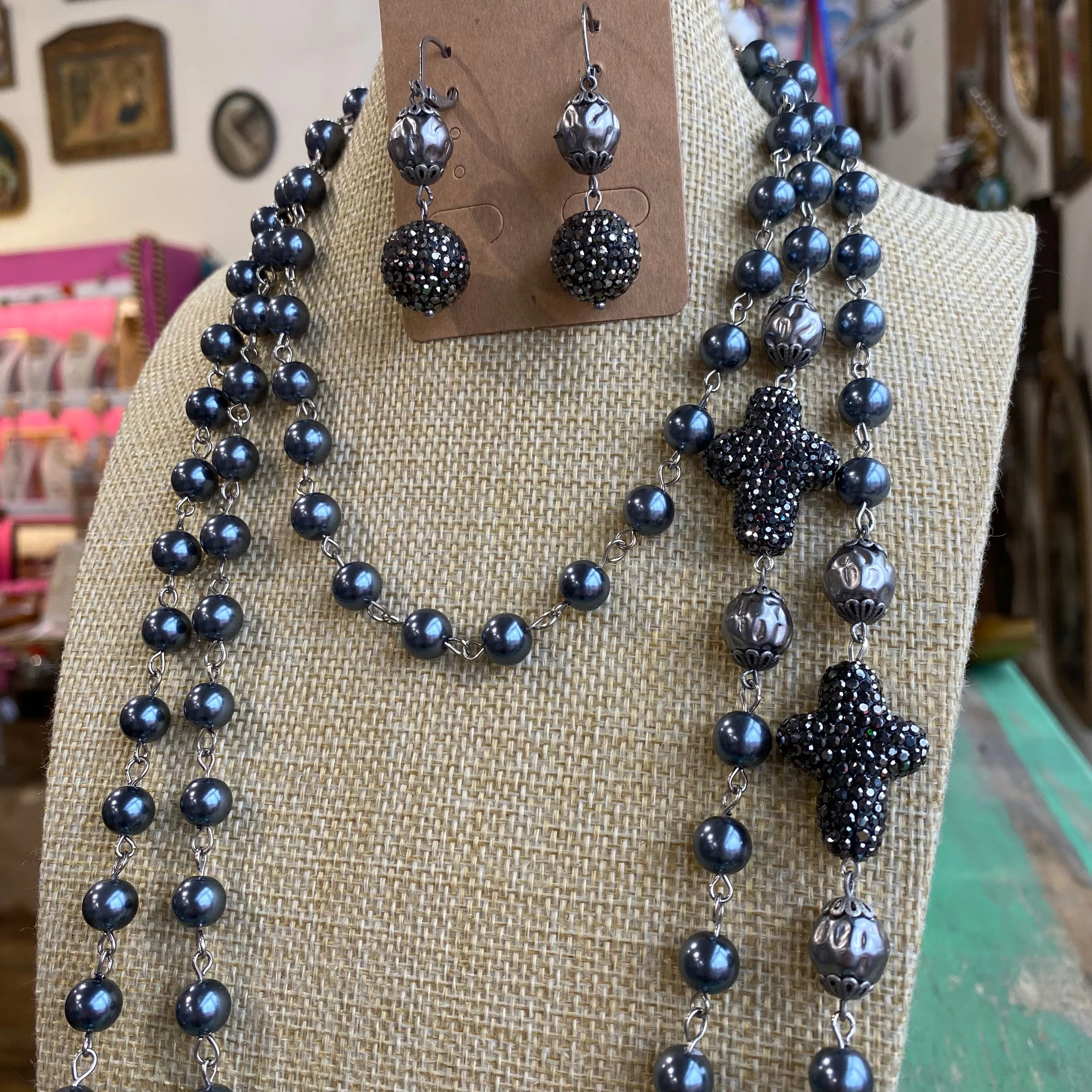 Blue Pearl and Pave Cross Necklace and Earrings