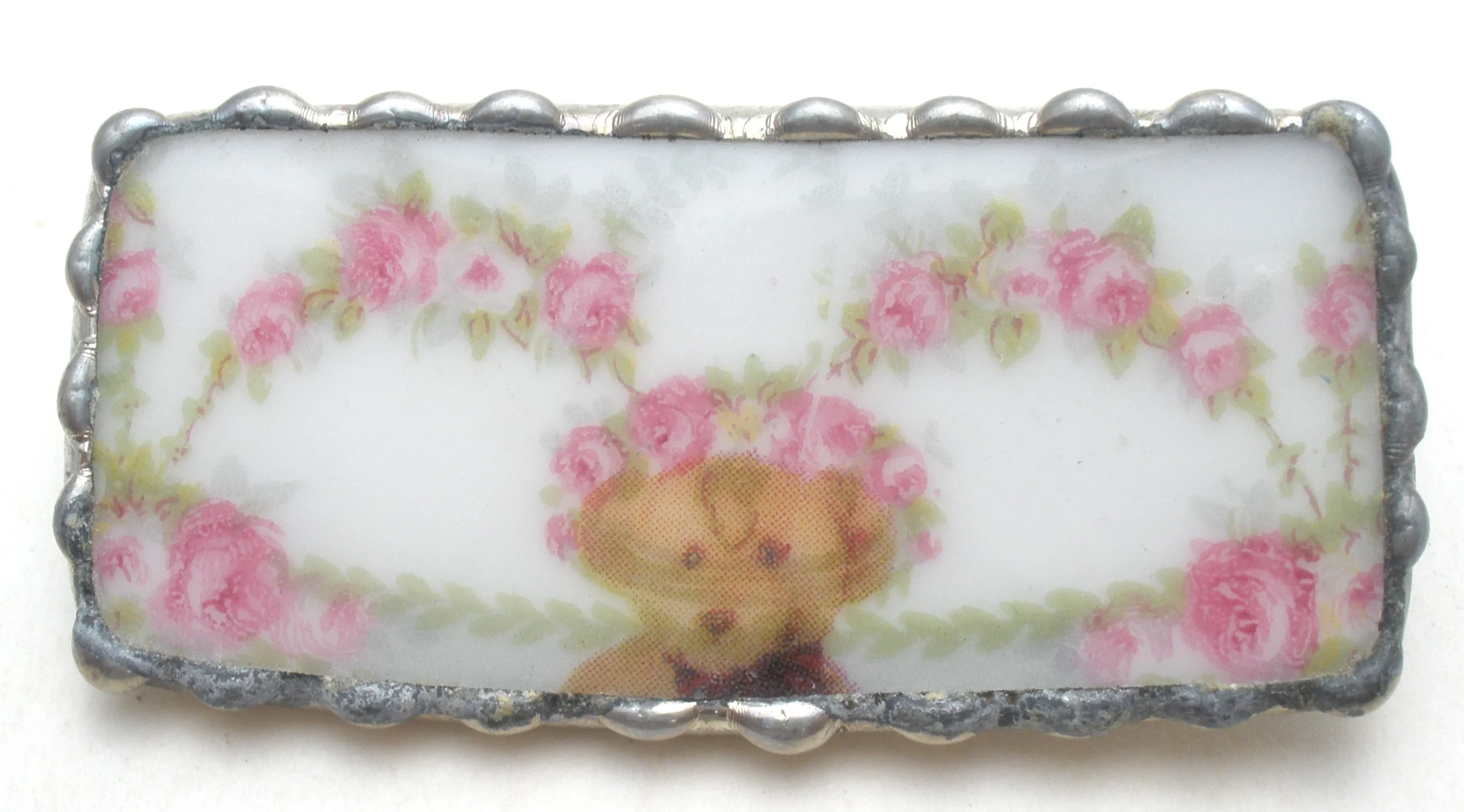 Broken China Jewelry Bear & Roses Brooch Pin
