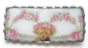 Broken China Jewelry Bear & Roses Brooch Pin