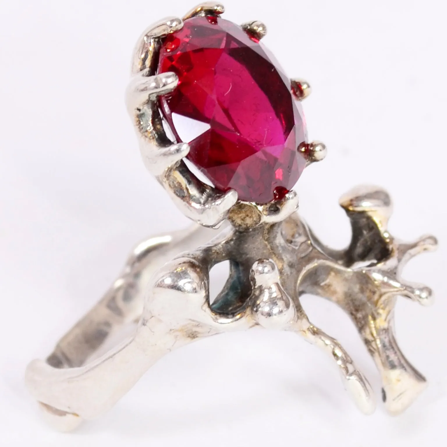 Brutalist Sterling Silver Ring w/ Large Circular Red Stone