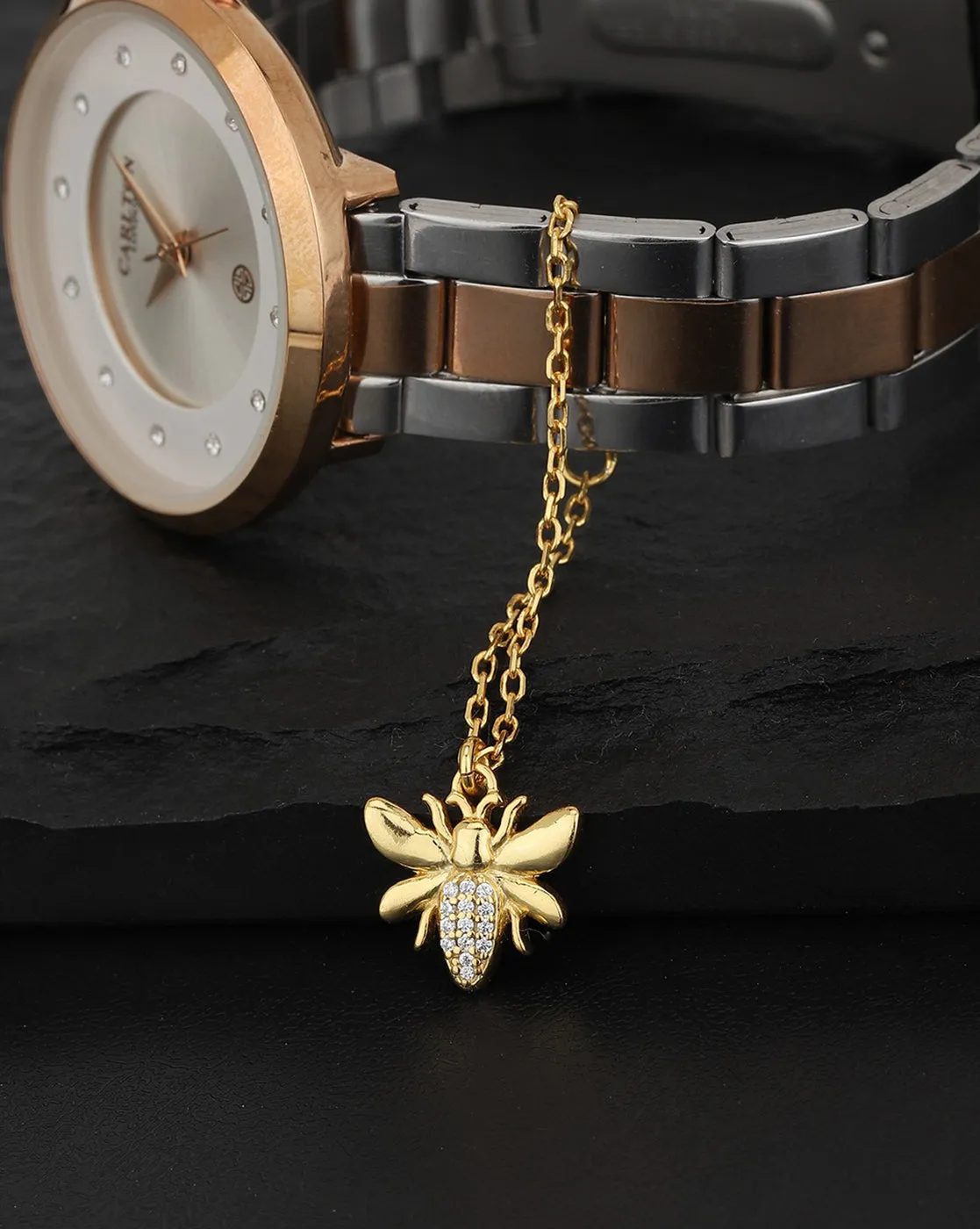 Carlton London Gold Plated Cz Studded Bee Shape Watch Charm For Women