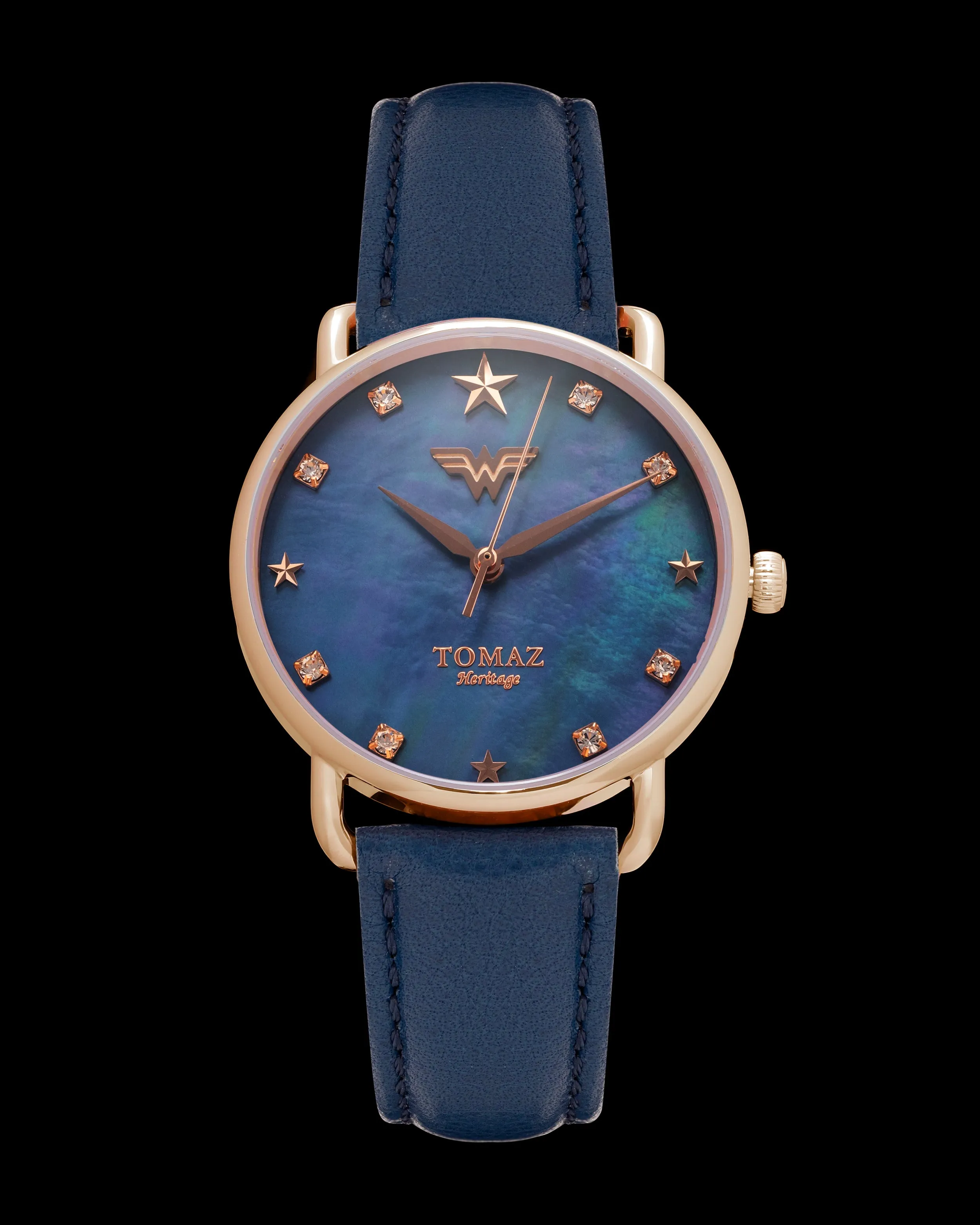 DC Wonder Woman Ladies Watch G1L-FD8 (Rosegold/Navy) with Navy Leather Strap