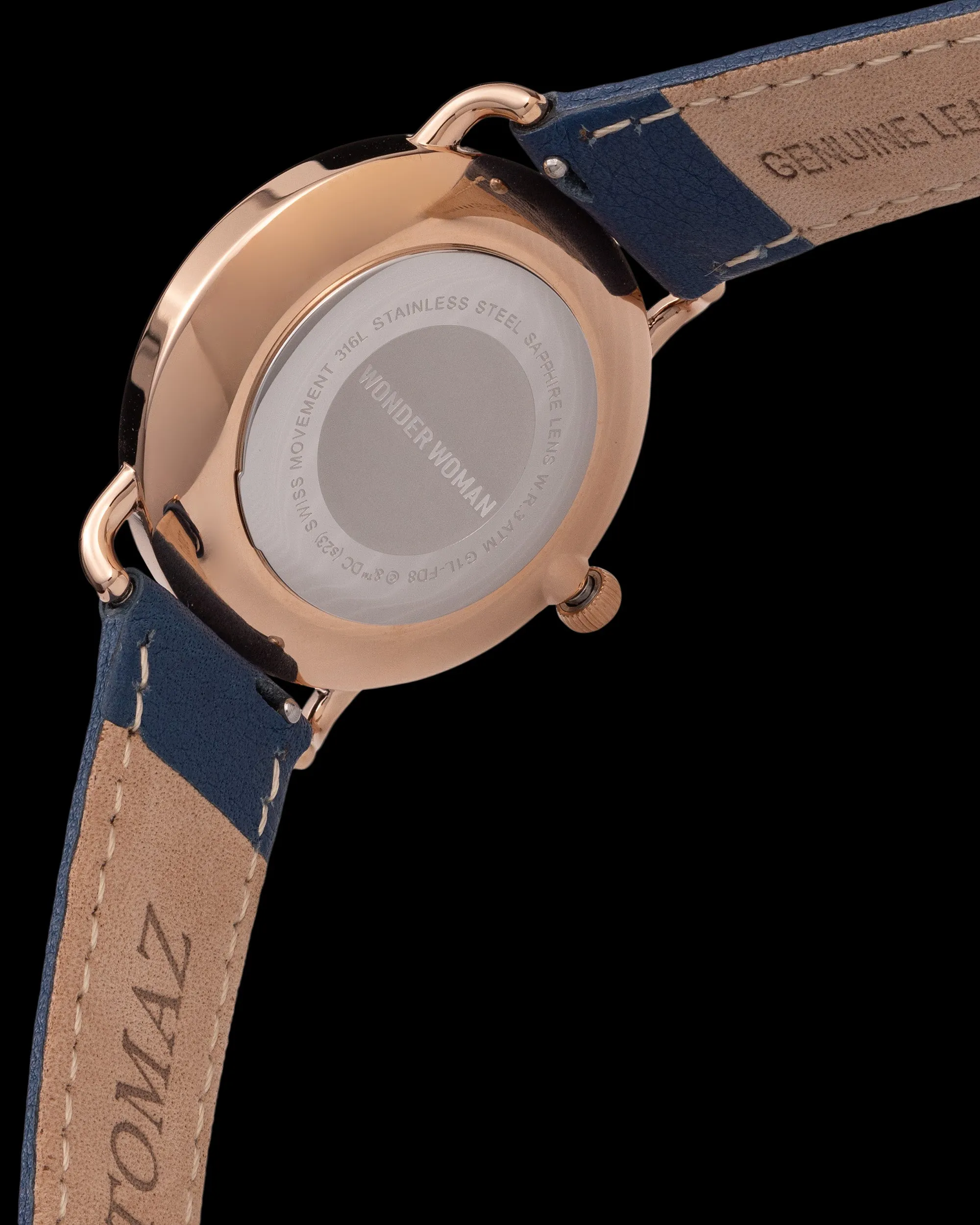 DC Wonder Woman Ladies Watch G1L-FD8 (Rosegold/Navy) with Navy Leather Strap
