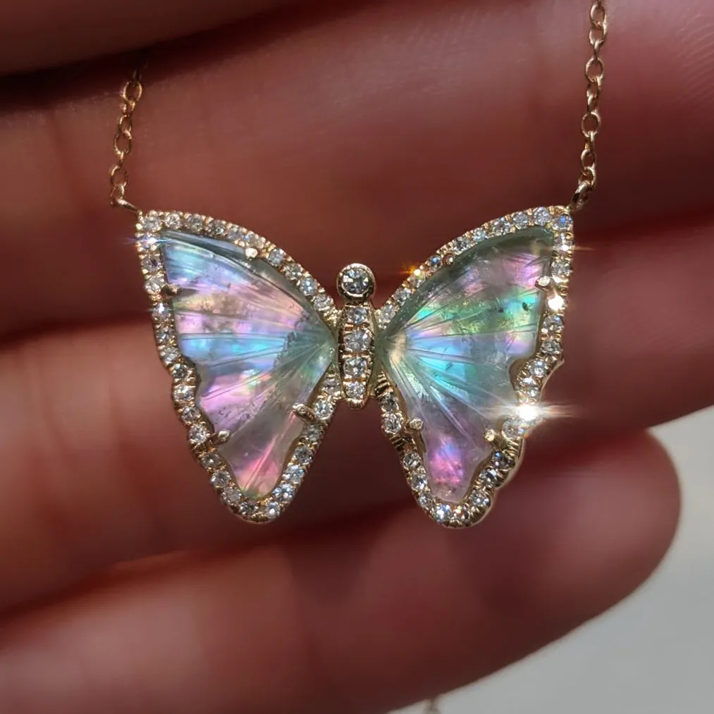 Fairy Tourmaline Butterfly Necklace With Pearl and Diamonds