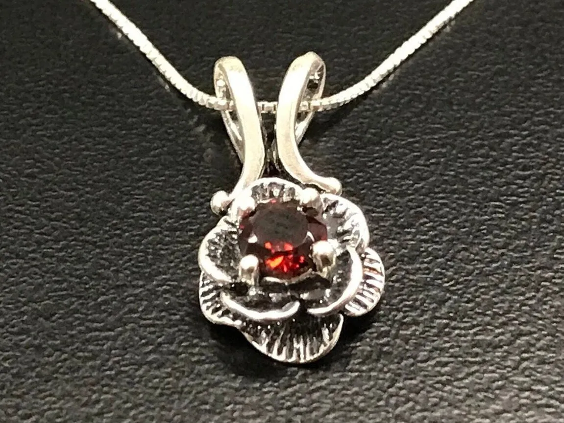 Flower Garnet Pendant - Dainty Red Garnet Necklace - Silver Flower Pendant
