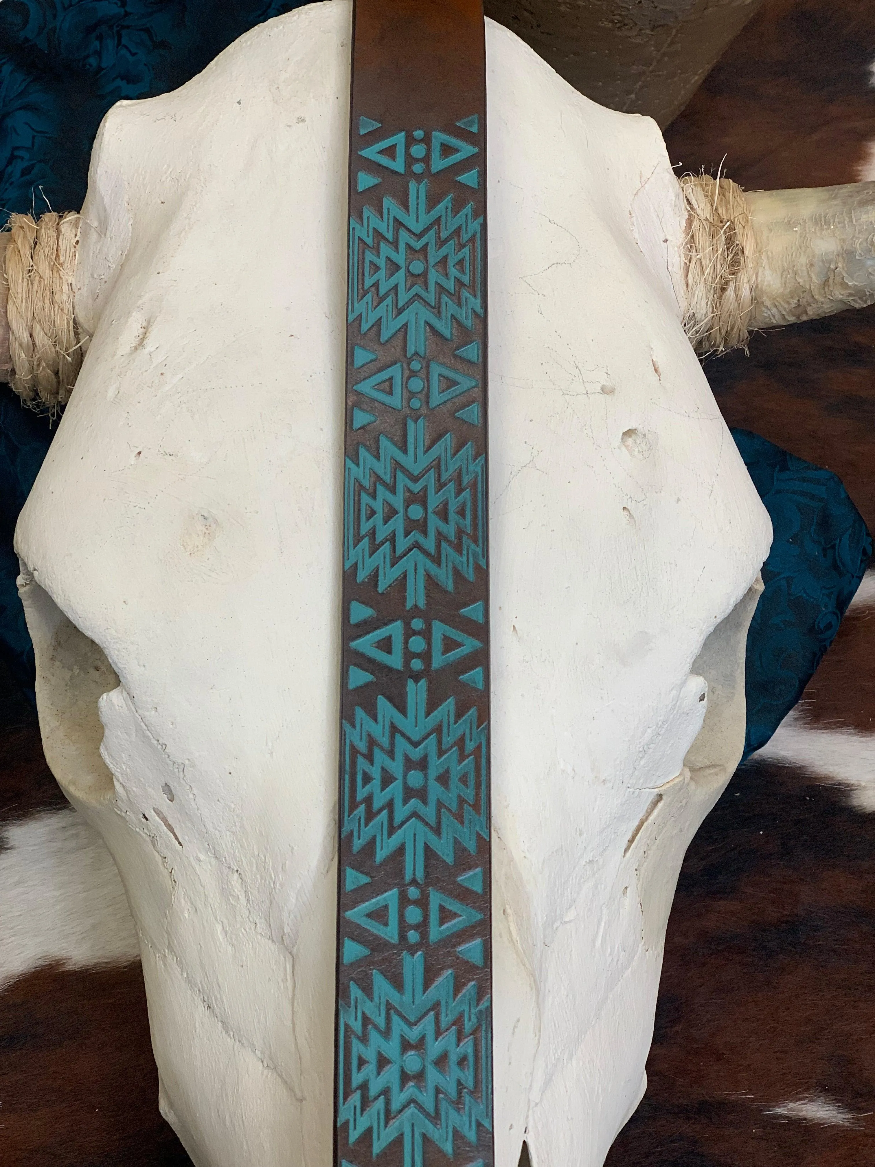 Hooey 'Dakota' Brown Turquoise Aztec Embossed Faux Turquoise Buckle Leather Belt HWBLT010