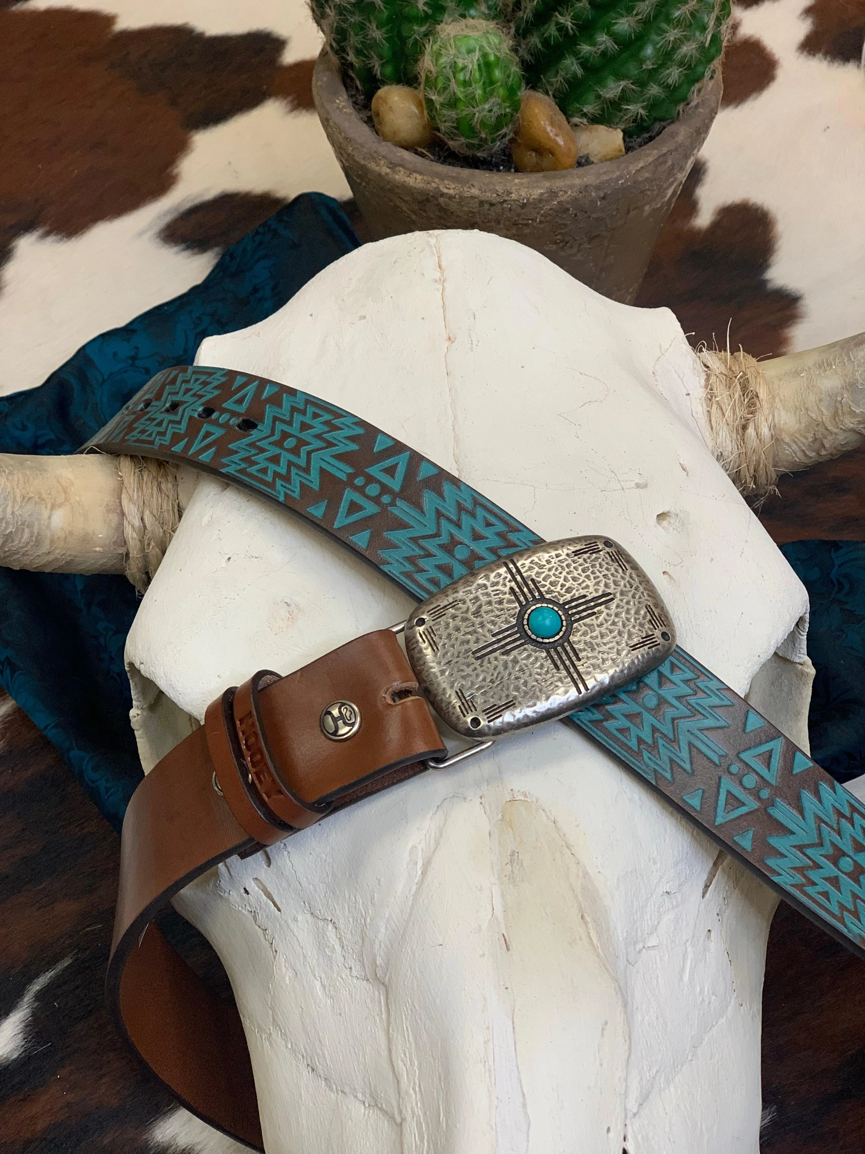Hooey 'Dakota' Brown Turquoise Aztec Embossed Faux Turquoise Buckle Leather Belt HWBLT010
