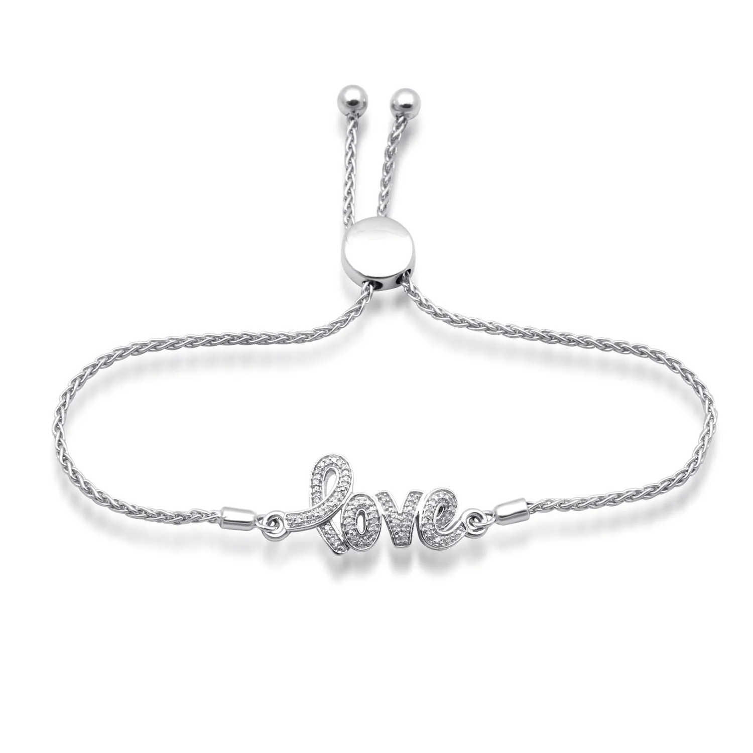 Jewelili Sterling Silver with 1/10 CTTW Round Shape Natural White Diamonds Love Bolo Bracelet, 9.5"