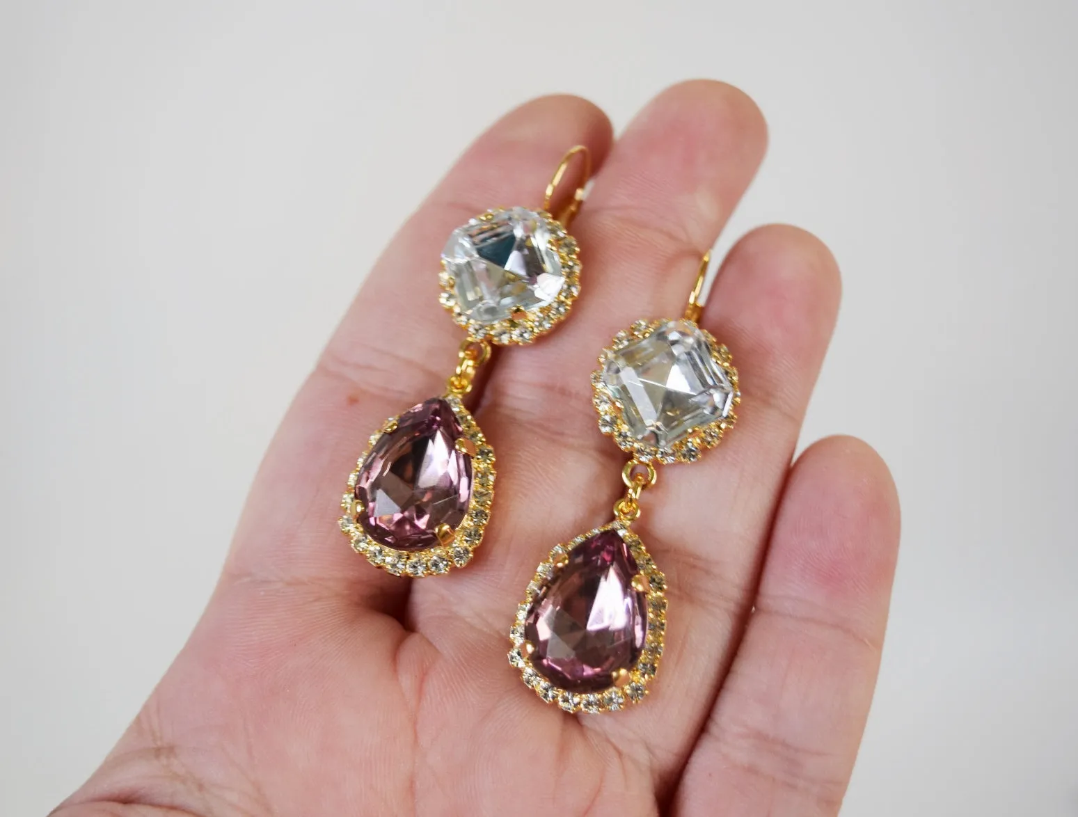 Light Amethyst Purple Teardrop Crystal Halo Earrings - Two Stone