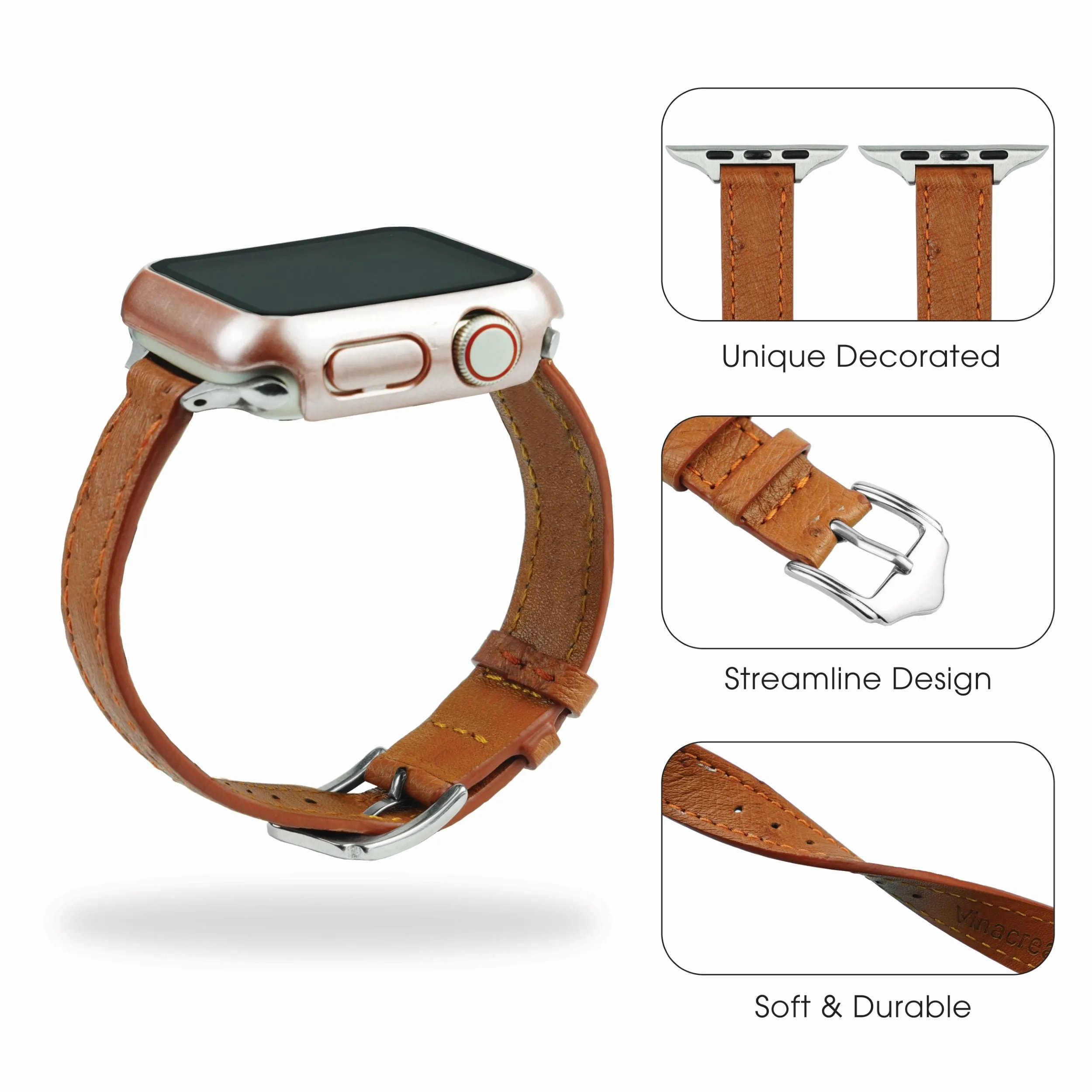Light Brown Flat Ostrich Leather Band Compatible Apple Watch Iwatch 42mm Screen Protector Case Silver Adapter Replacement Strap For Smartwatch Series 1 2 3 Leather Handmade AW-186S-W-42MM