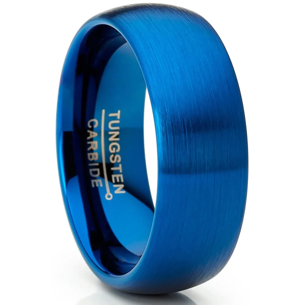 Men's Domed Blue Tungsten Carbide Wedding Band Brushed Finish - 8mm