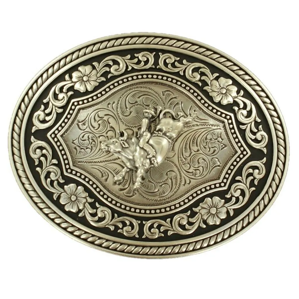 Nocona Silver Scroll & Bull Rider Oval Belt Buckle 37710