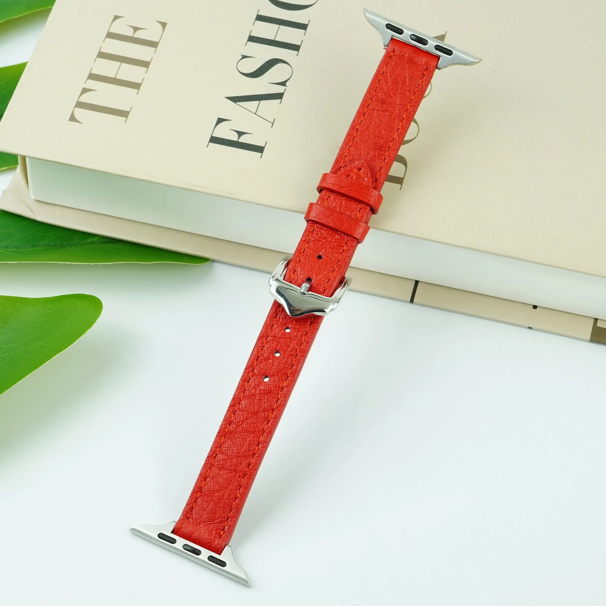 Red Flat Ostrich Leather Band Compatible Apple Watch Iwatch 42mm Screen Protector Case Silver Adapter Replacement Strap For Smartwatch Series 1 2 3 Leather Handmade AW-190S-W-42MM