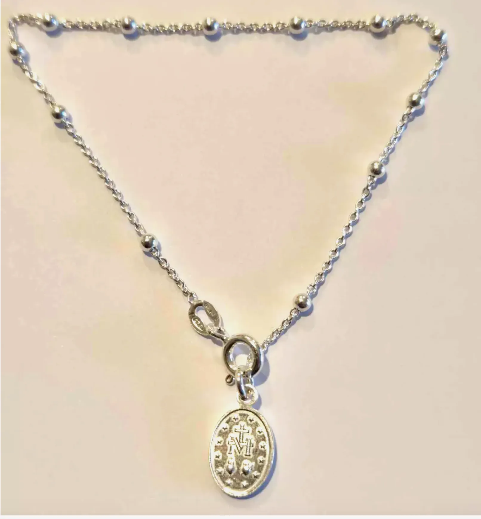 Sterling Silver 925 Beaded Cable Chain Bracelet   Miraculous Medal