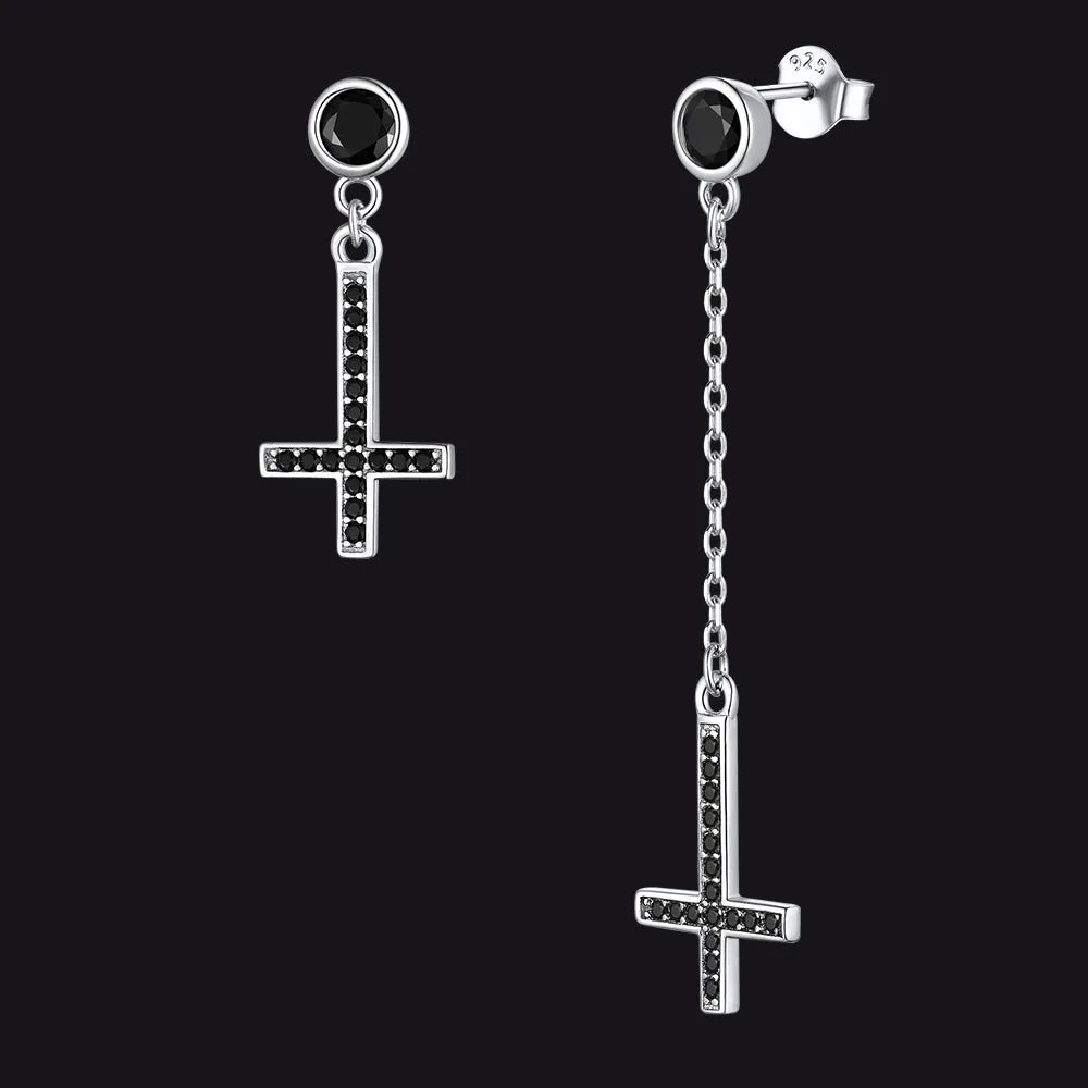 Sterling Silver Inverted Cross Earrings Drop Studs Cubic Zirconia