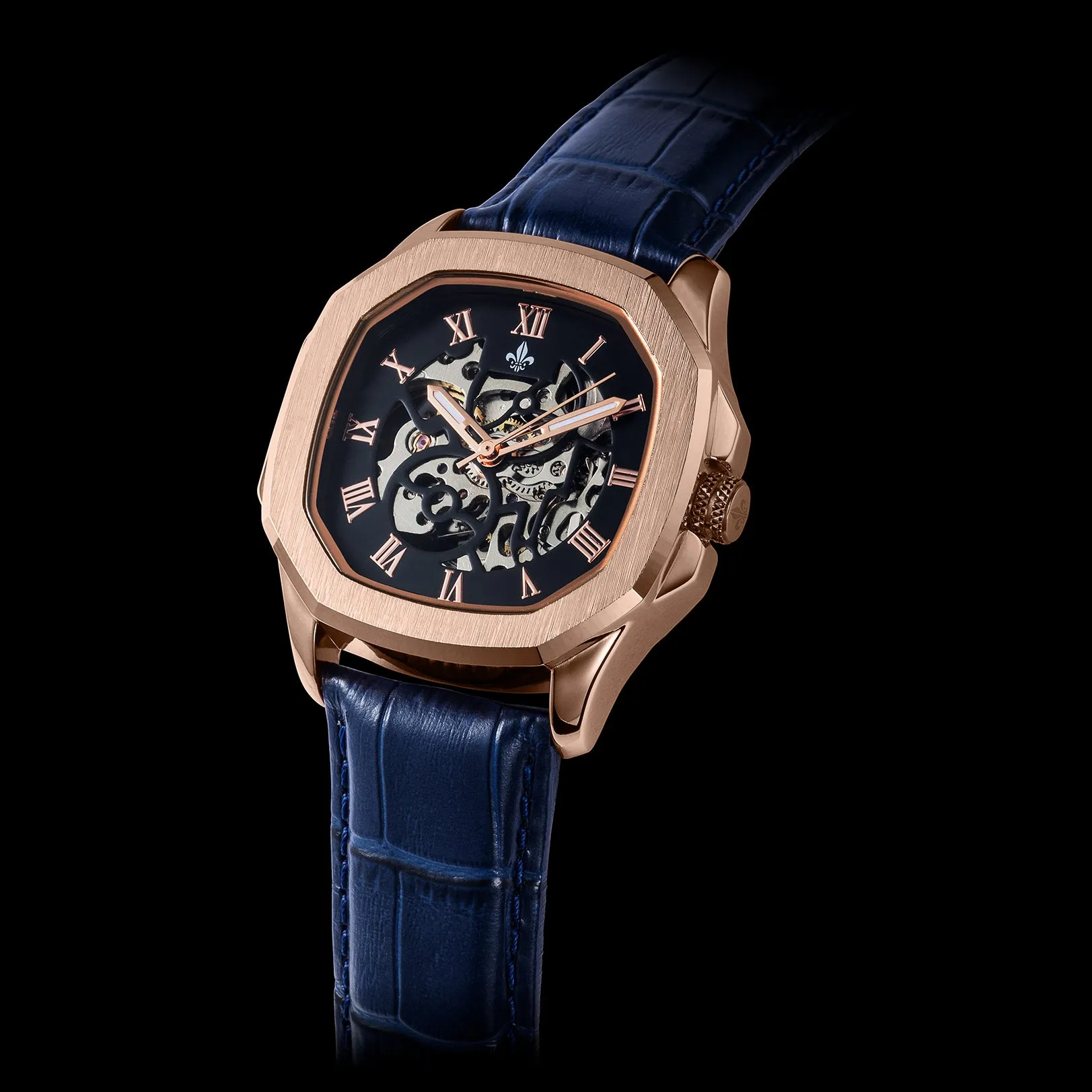 The Avalon Rose Gold   Blue Leather Croc Pattern Strap