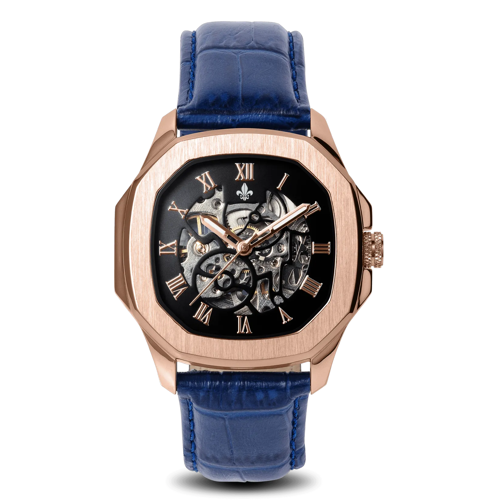 The Avalon Rose Gold   Blue Leather Croc Pattern Strap