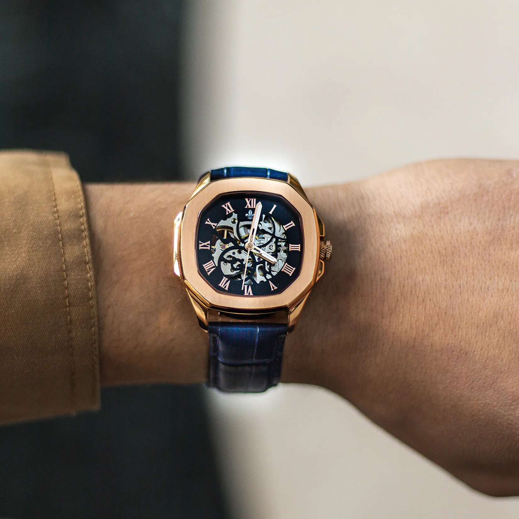 The Avalon Rose Gold   Blue Leather Croc Pattern Strap