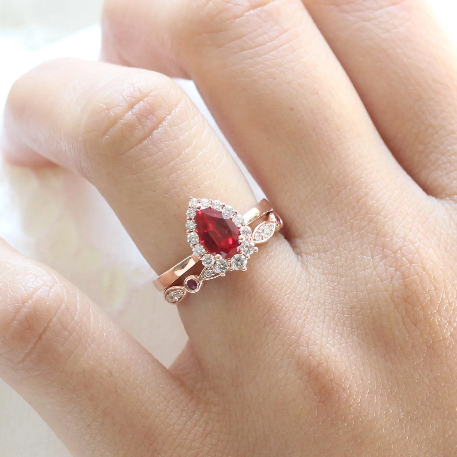 Tiara Halo Bridal Set w/ Pear Ruby and Bezel Scalloped Wedding Band