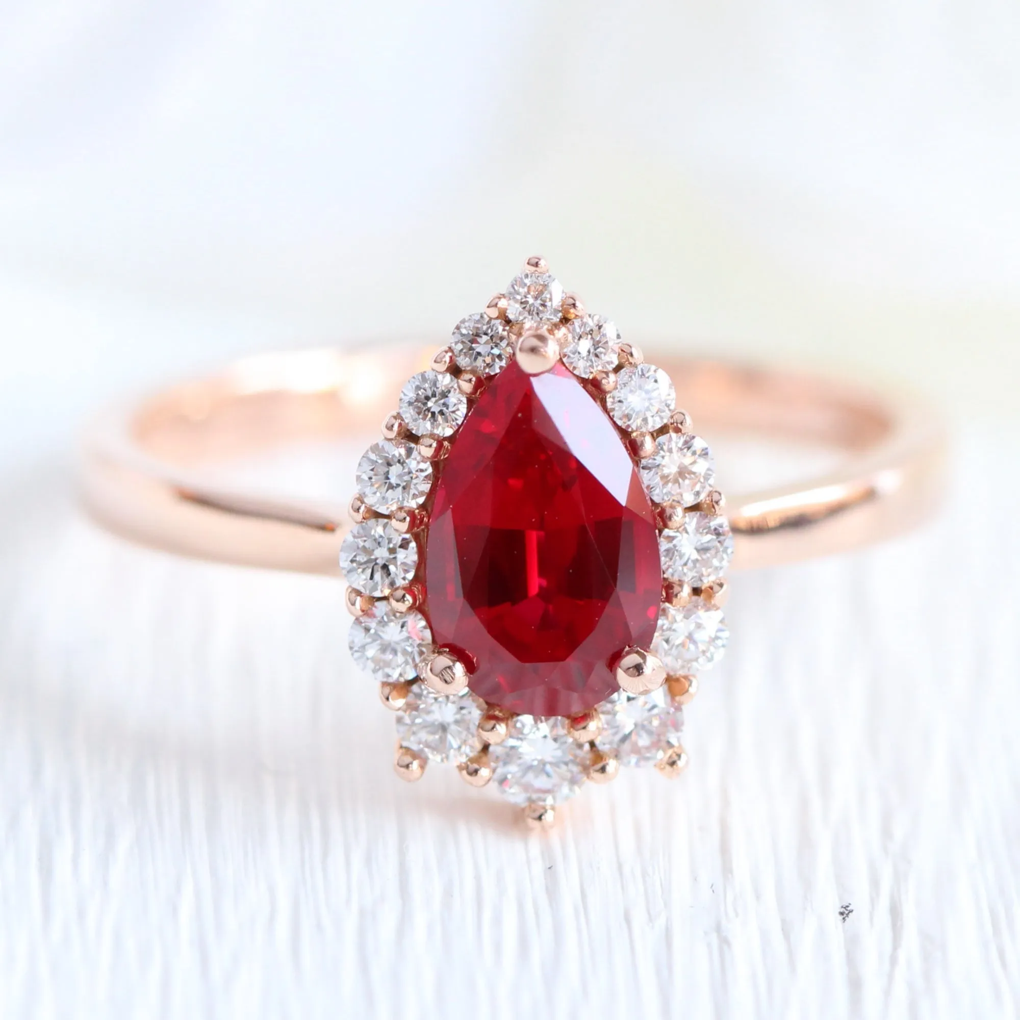 Tiara Halo Bridal Set w/ Pear Ruby and Bezel Scalloped Wedding Band