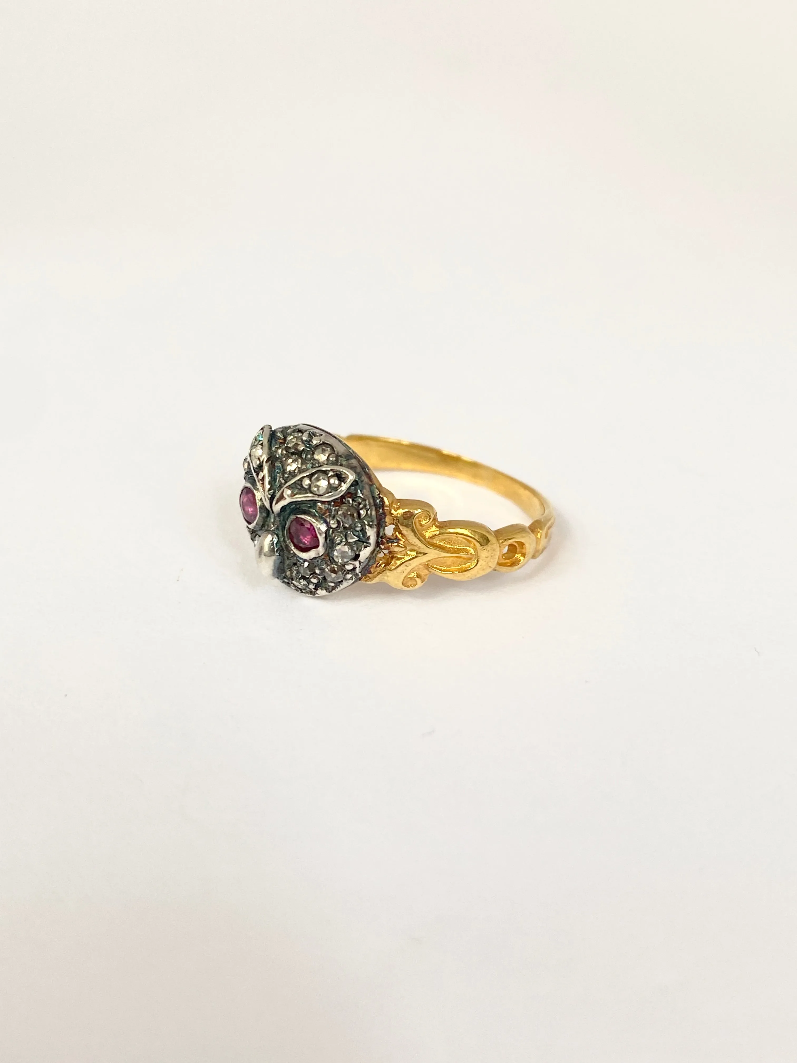 Vintage, 15ct Gold and Silver, Rose Cut Diamond and Ruby eyed Owl Ring