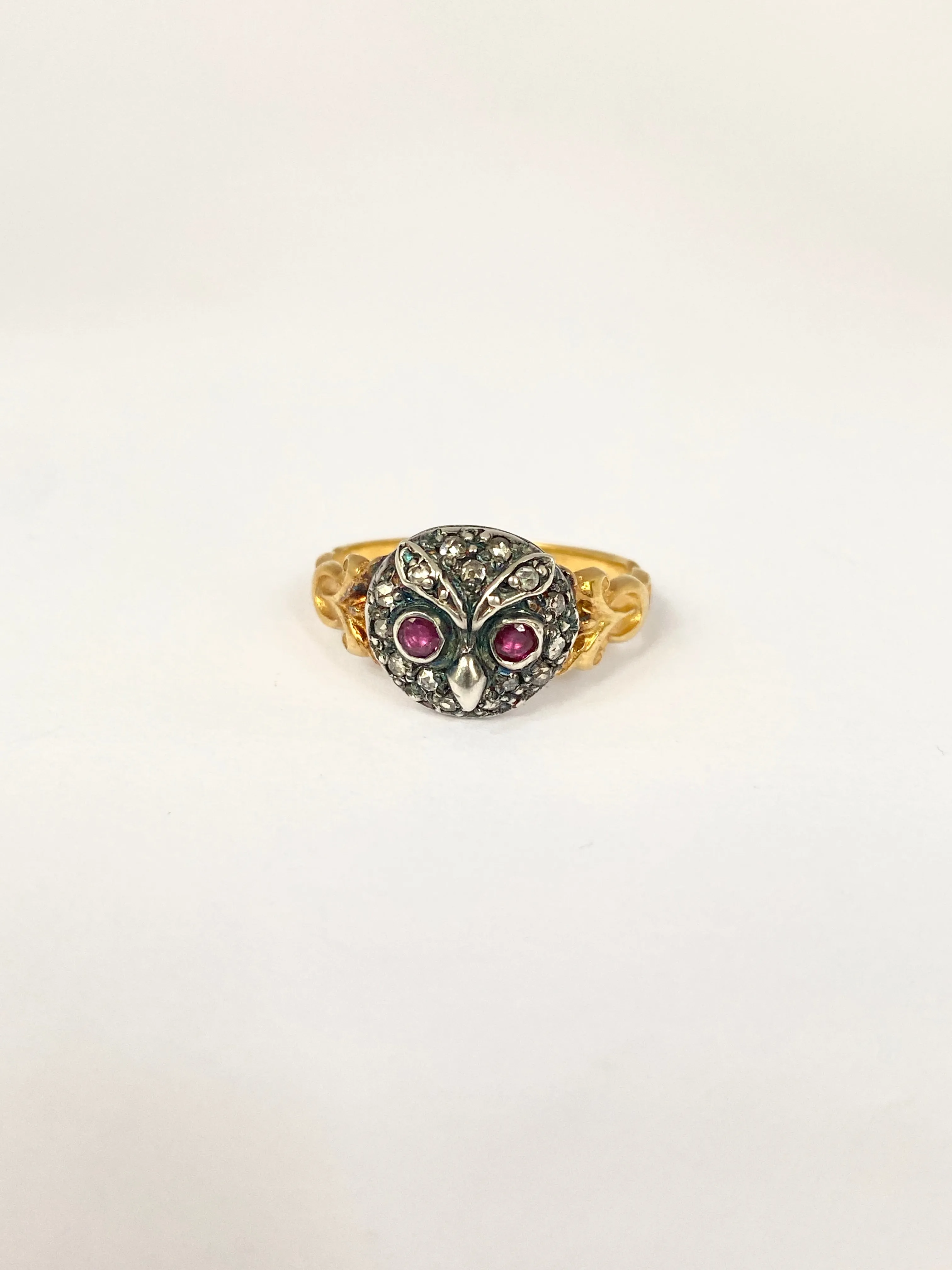 Vintage, 15ct Gold and Silver, Rose Cut Diamond and Ruby eyed Owl Ring