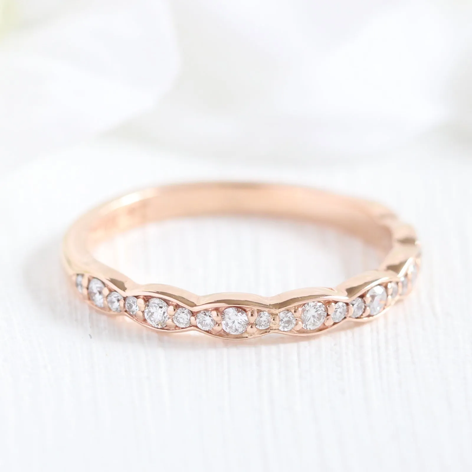 Vintage Floral Oval Ring Bridal Set w/ Emerald and Diamond in Scalloped Diamond Band